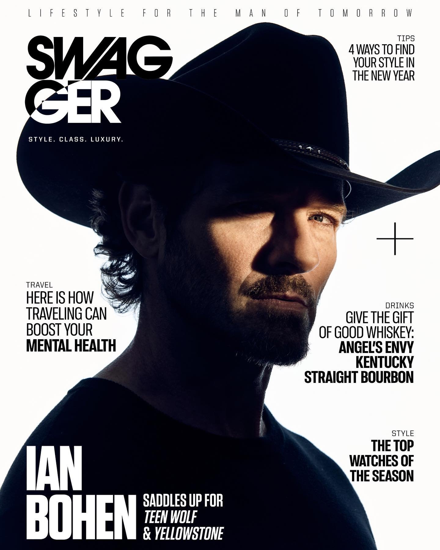 Magazine cover featuring a man in a cowboy hat against a light background, with visible text including 'SWAGGER' and various articles.