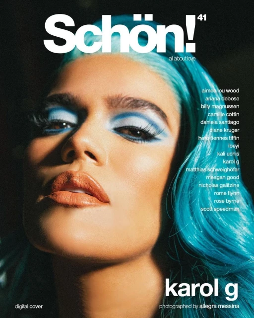 Close-up studio shot of Karol G on a magazine cover with blue hair and makeup, photographed by allegra messina for Schön! Magazine