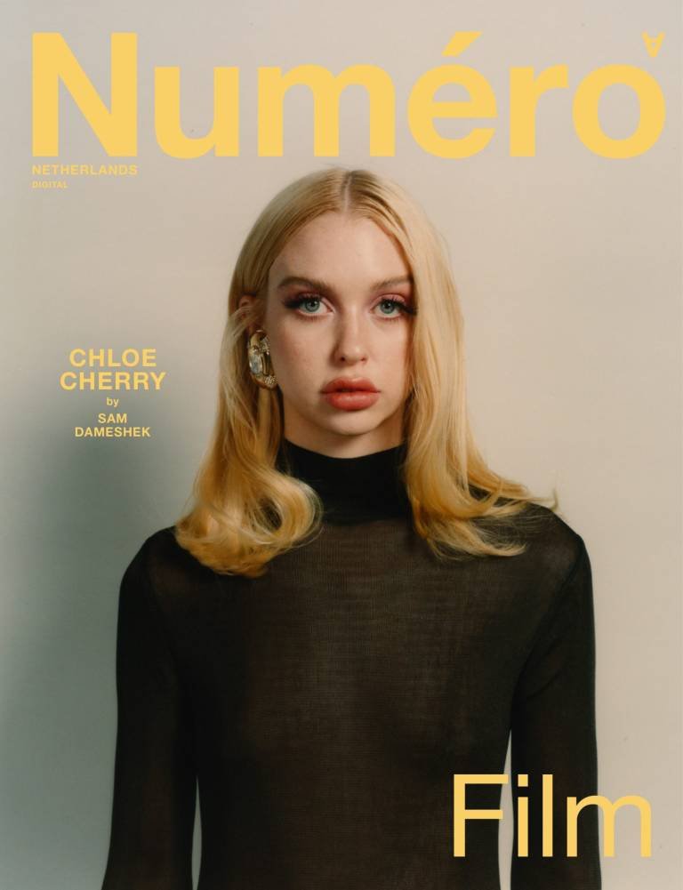 Magazine cover featuring Chloe Cherry. The image has bold yellow text, a white background, and a female model with blonde hair.