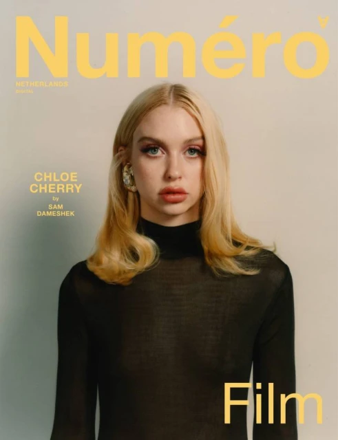 Magazine cover featuring Chloe Cherry. The image has bold yellow text, a white background, and a female model with blonde hair.