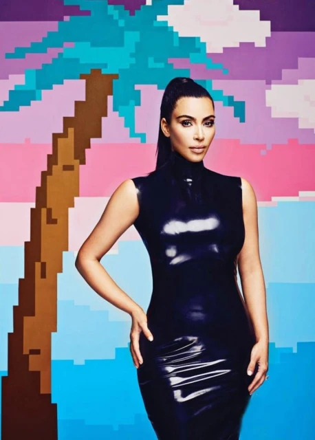Portrait of a woman in a black latex dress posing against a digital palm tree backdrop with pink and purple hues. 