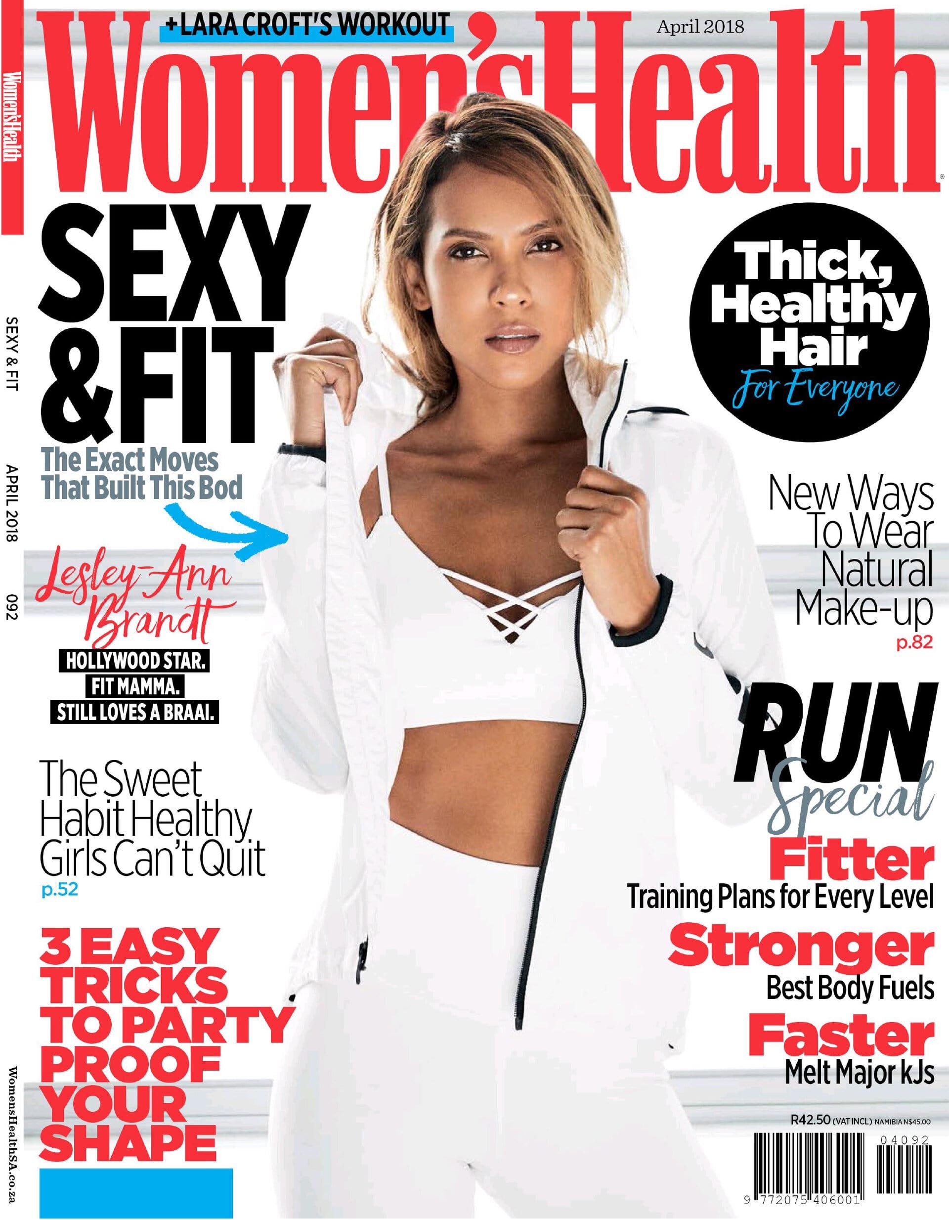 Women's Health magazine cover featuring Lesley-Ann Brandt in activewear, promoting workout and health tips, with bold text overlays.