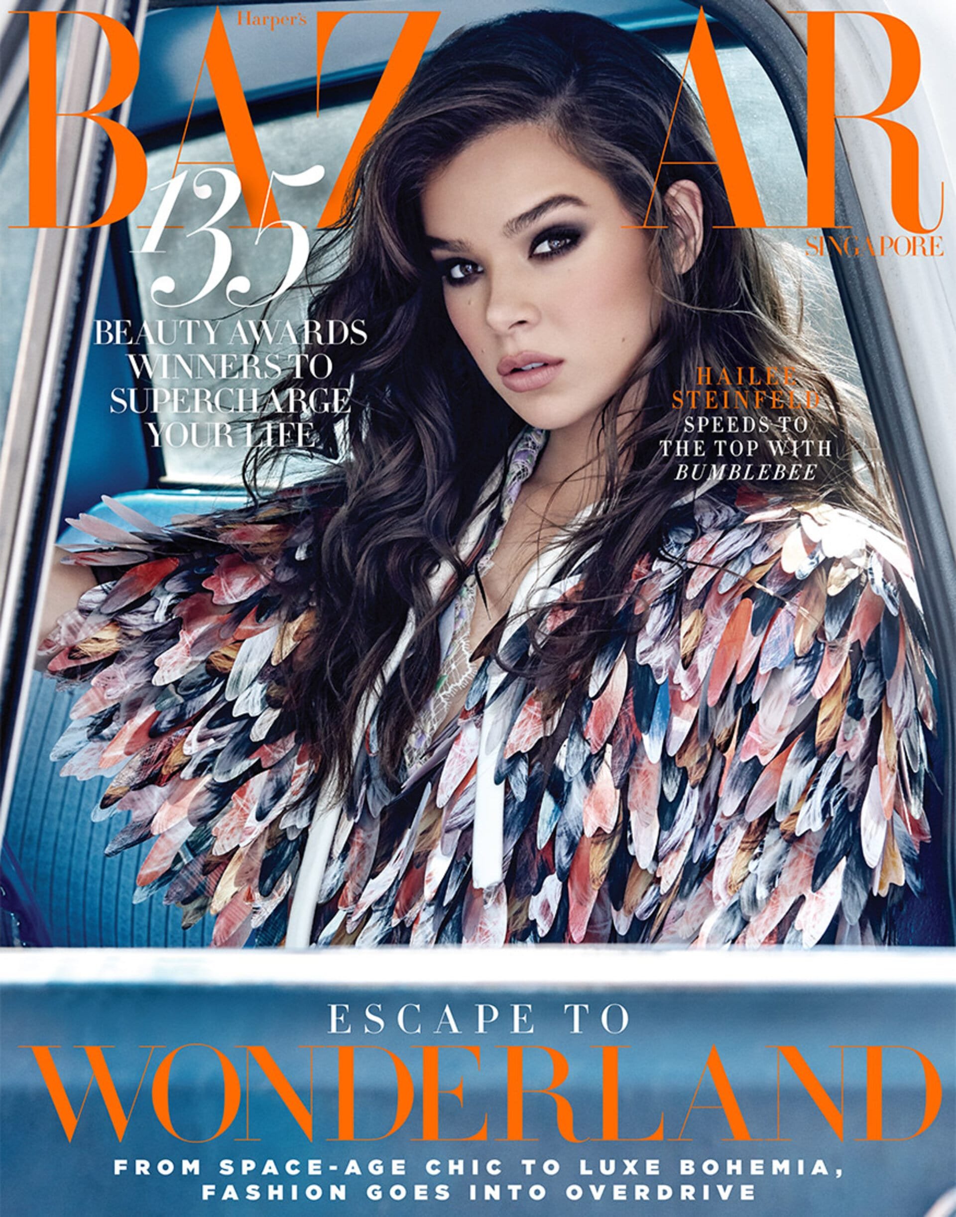 Hailee Steinfeld featured on Harper's Bazaar Singapore cover, showcasing beauty awards and fashion trends in a portrait shot.