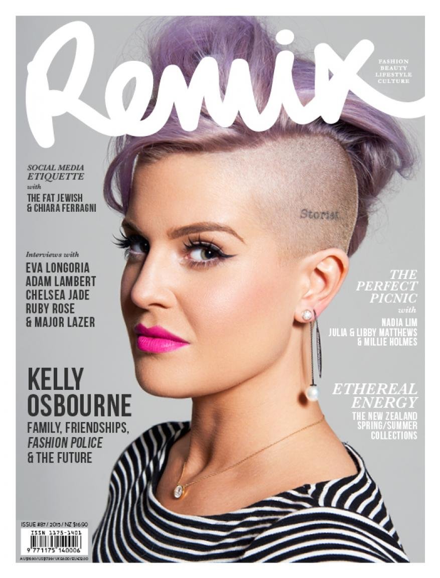 Close-up magazine cover featuring Kelly Osbourne with lavender hair, a striped top, pink lipstick, and earring against a grey background.
