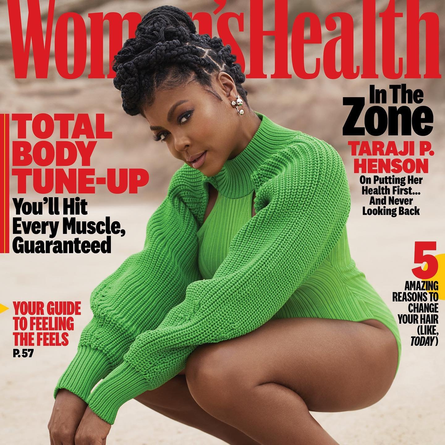 Taraji P. Henson on the cover of Women's Health magazine, wearing a bright green, form-fitting sweater and bodysuit, kneeling outdoors.