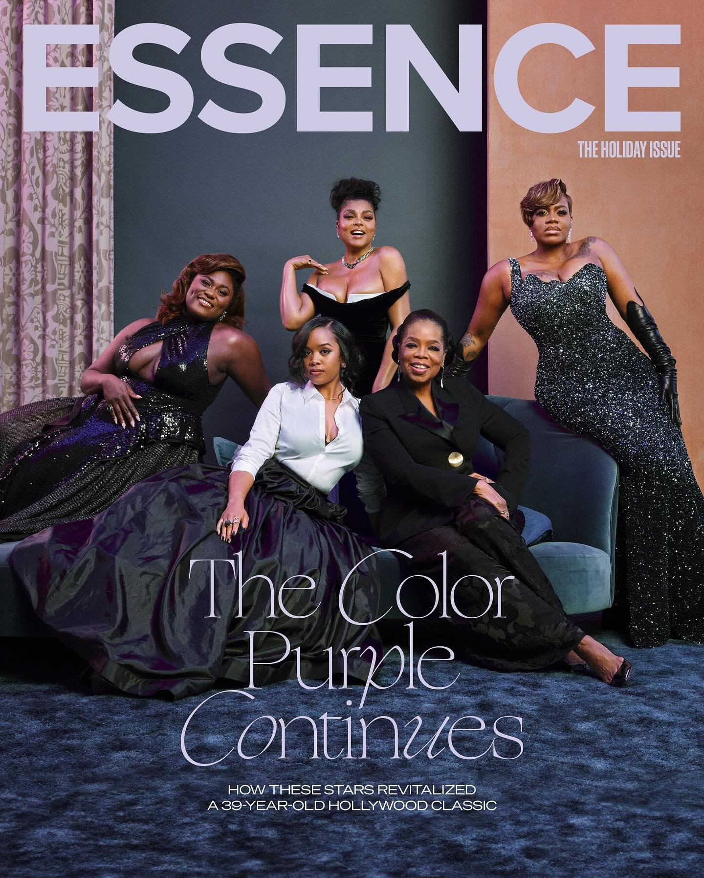 Essence magazine cover featuring five adult women in elegant dresses, showcasing 'The Color Purple Continues' holiday issue.