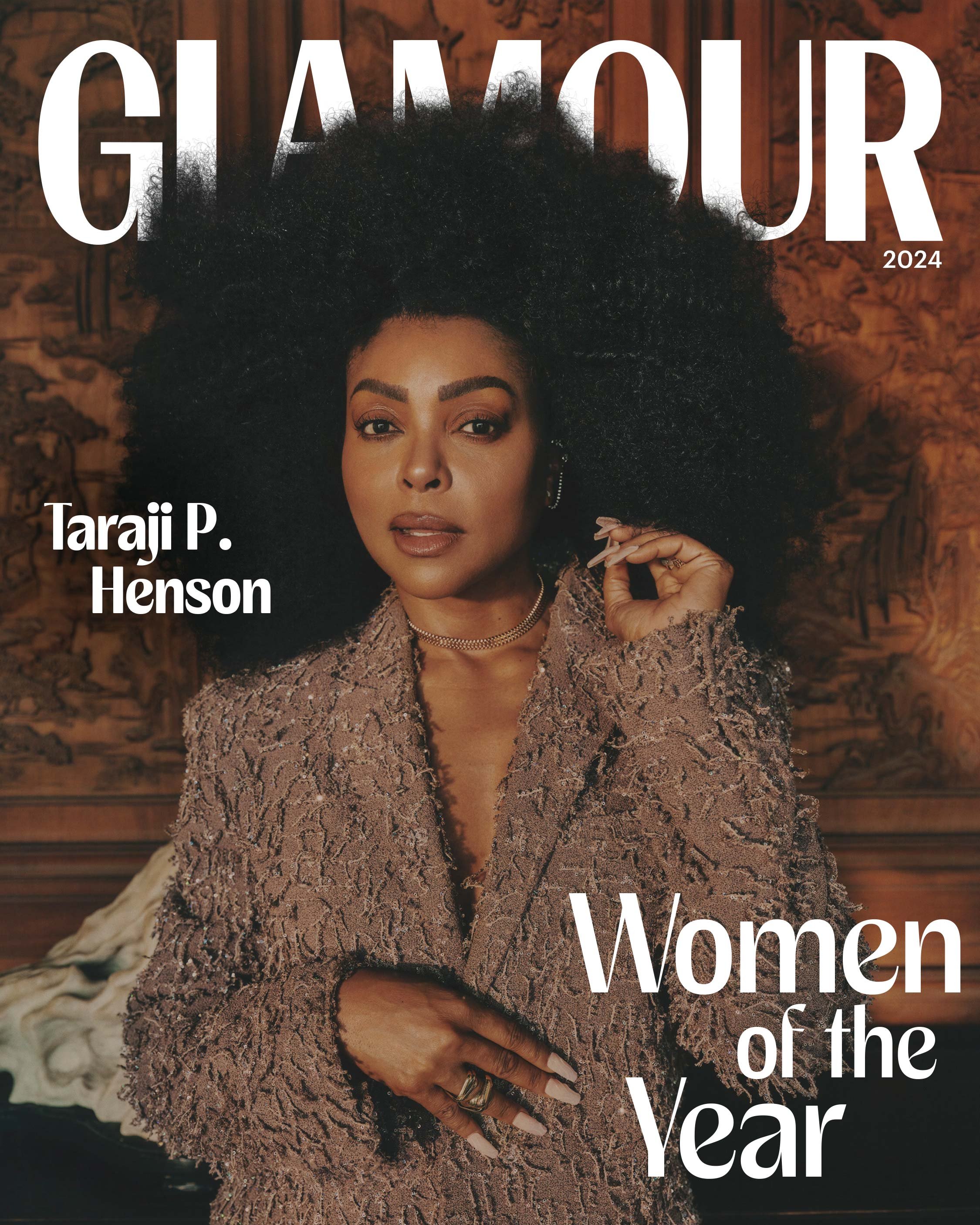 Glamour magazine cover featuring Taraji P. Henson, Women of the Year 2024 issue, close-up shot, textured brown jacket, dark hair, neutral background.