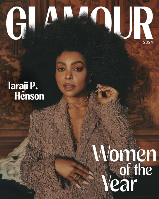 Glamour magazine cover featuring Taraji P. Henson, Women of the Year 2024 issue, close-up shot, textured brown jacket, dark hair, neutral background.