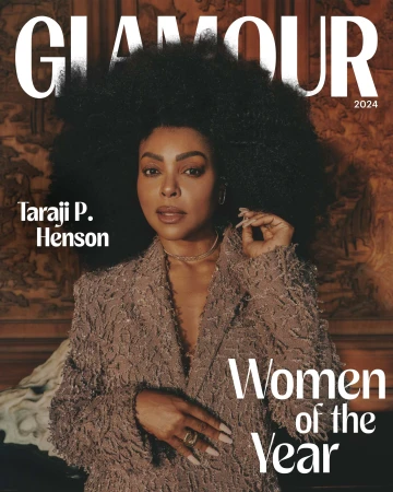 Glamour magazine cover featuring Taraji P. Henson, Women of the Year 2024 issue, close-up shot, textured brown jacket, dark hair, neutral background.