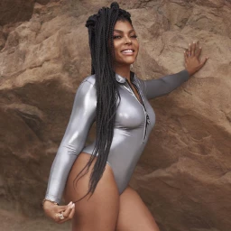 Taraji P Henson posing against a rocky background wearing a metallic silver long-sleeve bodysuit with a front zipper