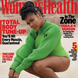 Taraji P. Henson wearing a bright green knit sweater with cuffed sleeves, crouching outdoors against a sandy backdrop for a magazine cover.
