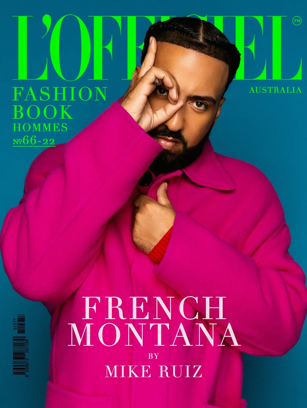 Magazine cover featuring French Montana in a pink coat, making an eye symbol, against a teal background, with magazine text.