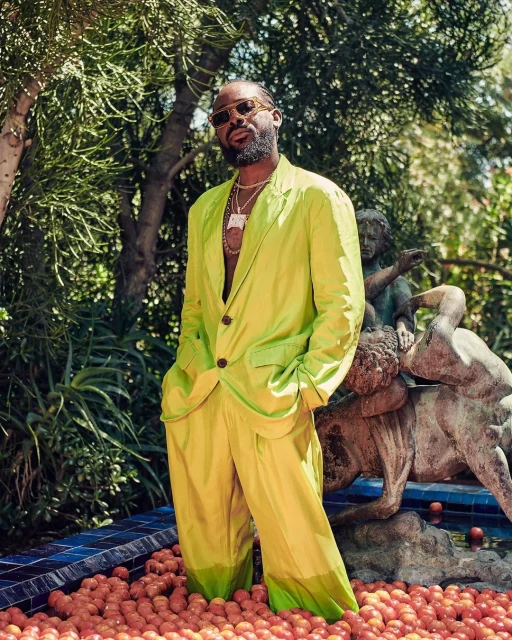 Adult male poses in a light green suit standing in a pool filled with orange spheres in an outdoor garden setting with a statue.