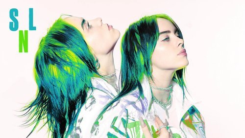 Portrait of Billie Eilish with bright green hair in a jacket, striking a pose against a white background with blue text.