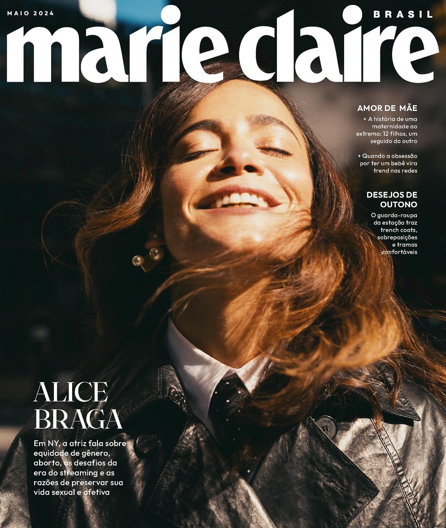Magazine cover of Marie Claire Brasil May 2024 featuring Alice Braga, outdoor shot, smiling, wearing a black leather coat and white collared shirt.