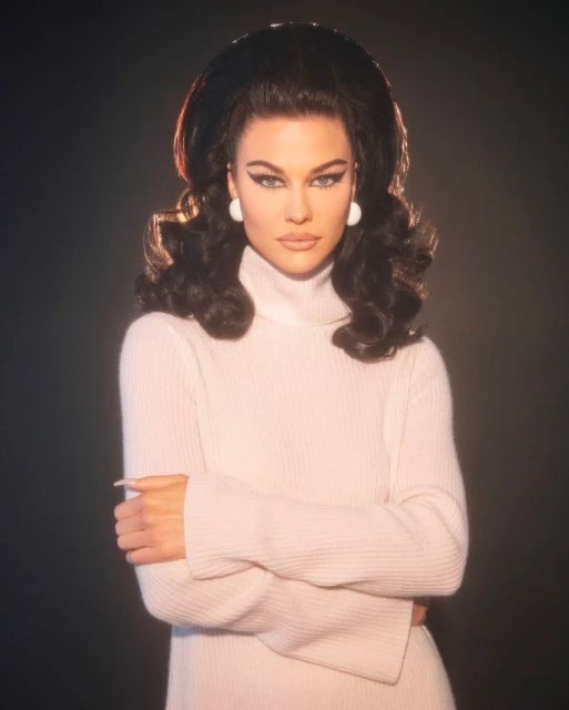 Portrait of a woman with dark curly hair in retro style wearing a light pink turtleneck, posing in front of a dark gray background.