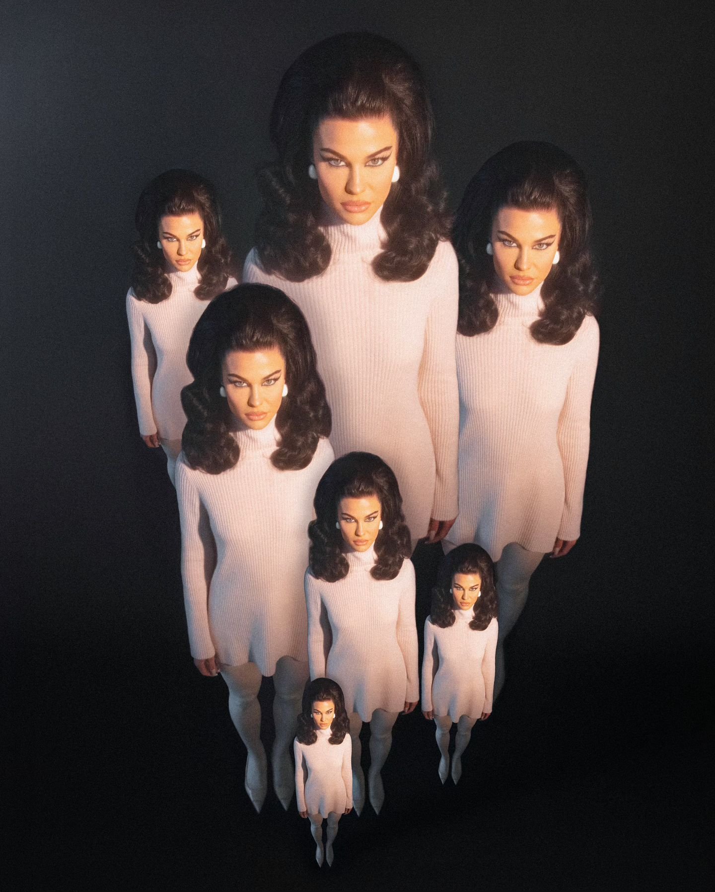 Multiple images of a woman with dark hair in a 1960s-style updo, wearing a light pink sweater dress and white tights, against a black background.