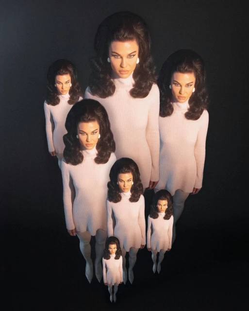 Multiple images of a woman with dark hair in a 1960s-style updo, wearing a light pink sweater dress and white tights, against a black background.
