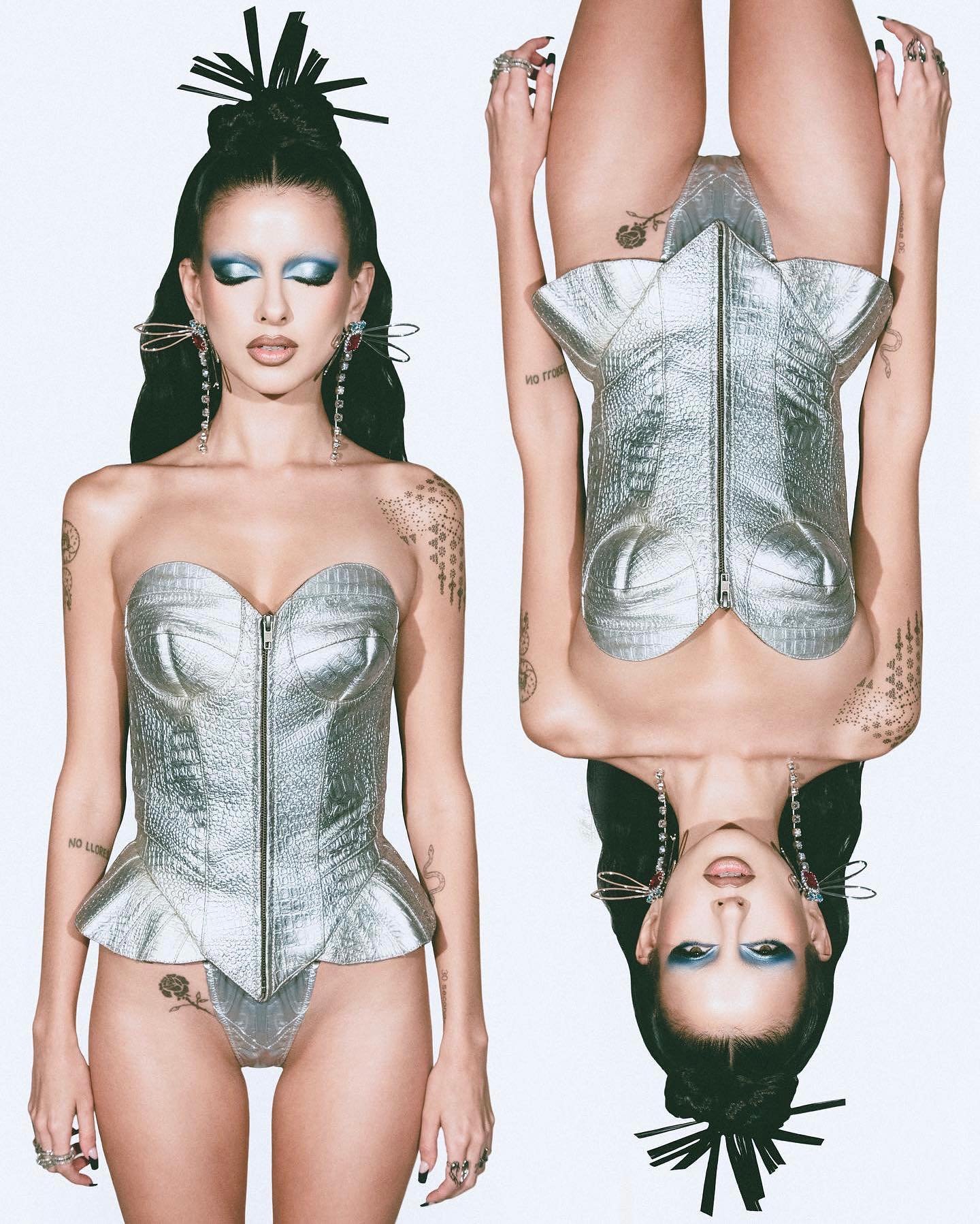 Dual portrait of a woman with creative makeup and hairstyle wearing a silver corset and matching bottoms against a white backdrop.