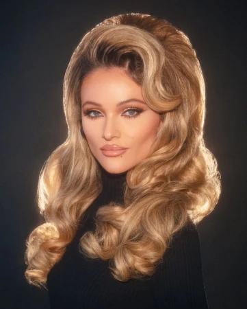 Portrait of a blonde woman with voluminous retro hairstyle and winged eyeliner wearing a black top against a dark background