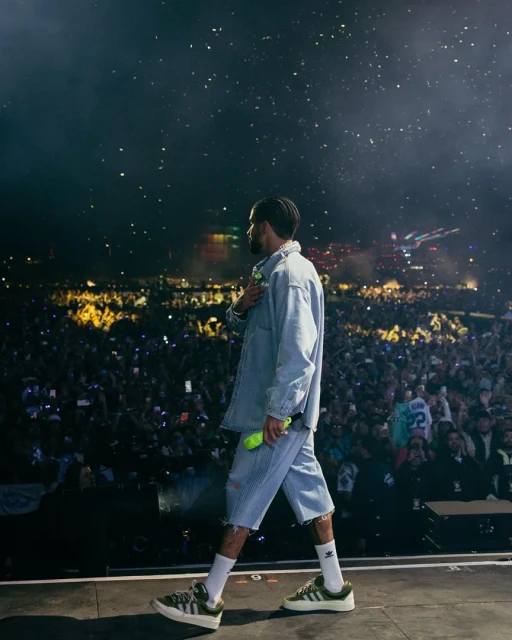 Musician walks on stage in front of a huge concert crowd, wearing denim jacket, denim shorts, and green sneakers, lit by stage lights.