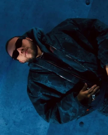 Man wearing dark sunglasses and patterned jacket against a blue textured background