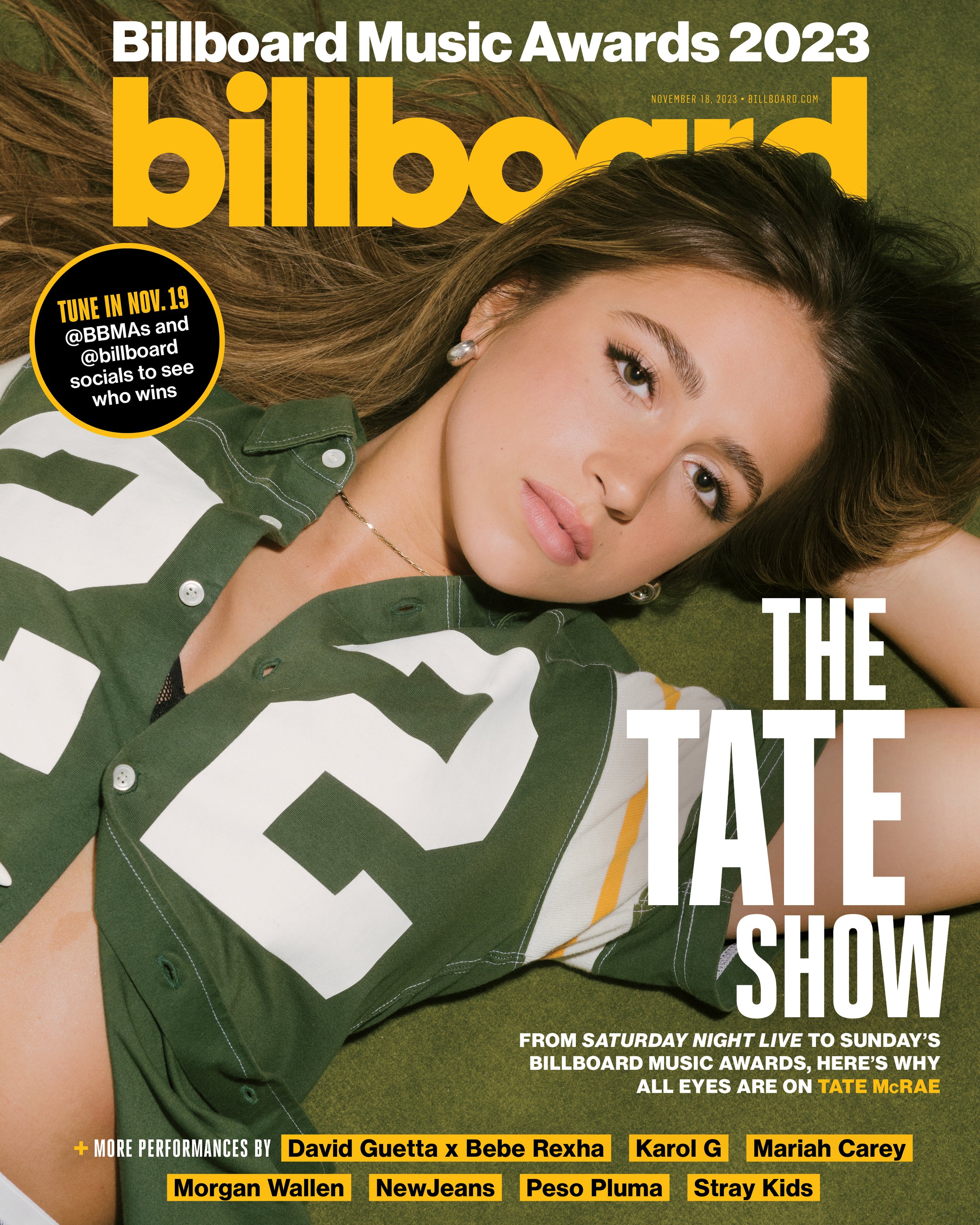 Billboard Music Awards 2023 cover featuring Tate McRae wearing a green and white jersey and posing for the camera.