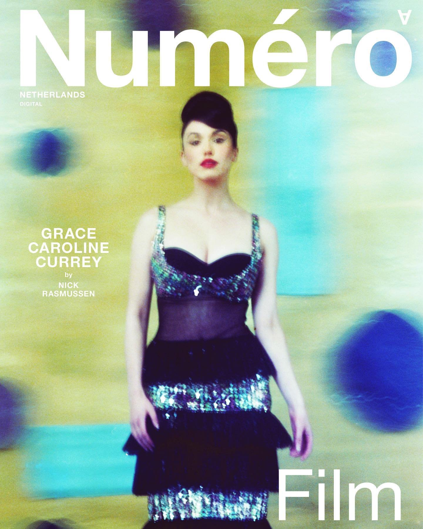 Magazine cover featuring a woman in an evening gown with a sequined bodice and ruffled skirt against a blurred background.