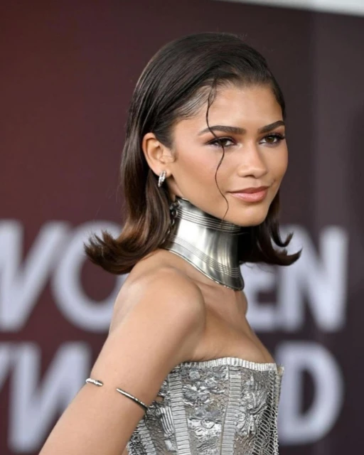 Zendaya attends an event, wearing a silver bustier dress and matching metal collar with her hair parted to the side, medium shot.