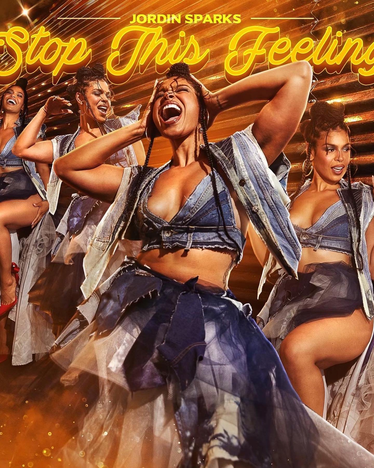 Jordin Sparks music video still featuring a woman singing in a denim outfit, with triple exposure effect against a gold background.