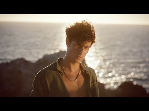 Portrait of a young adult man with curly brown hair standing outdoors near the ocean at sunset wearing a green shirt and gold necklace.