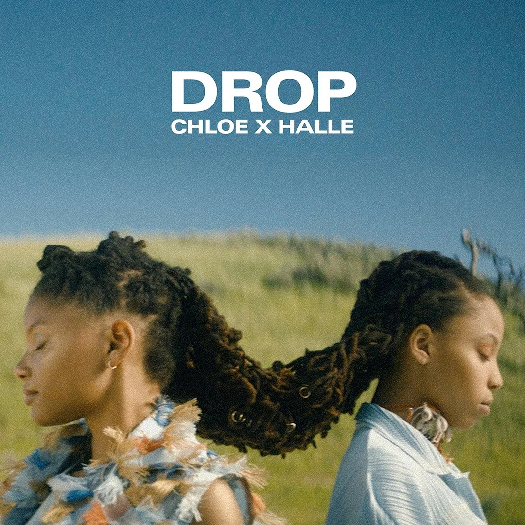 Chloe and Halle face each other in an outdoor portrait with braids and fashionable clothing against a blue sky and grassy backdrop.
