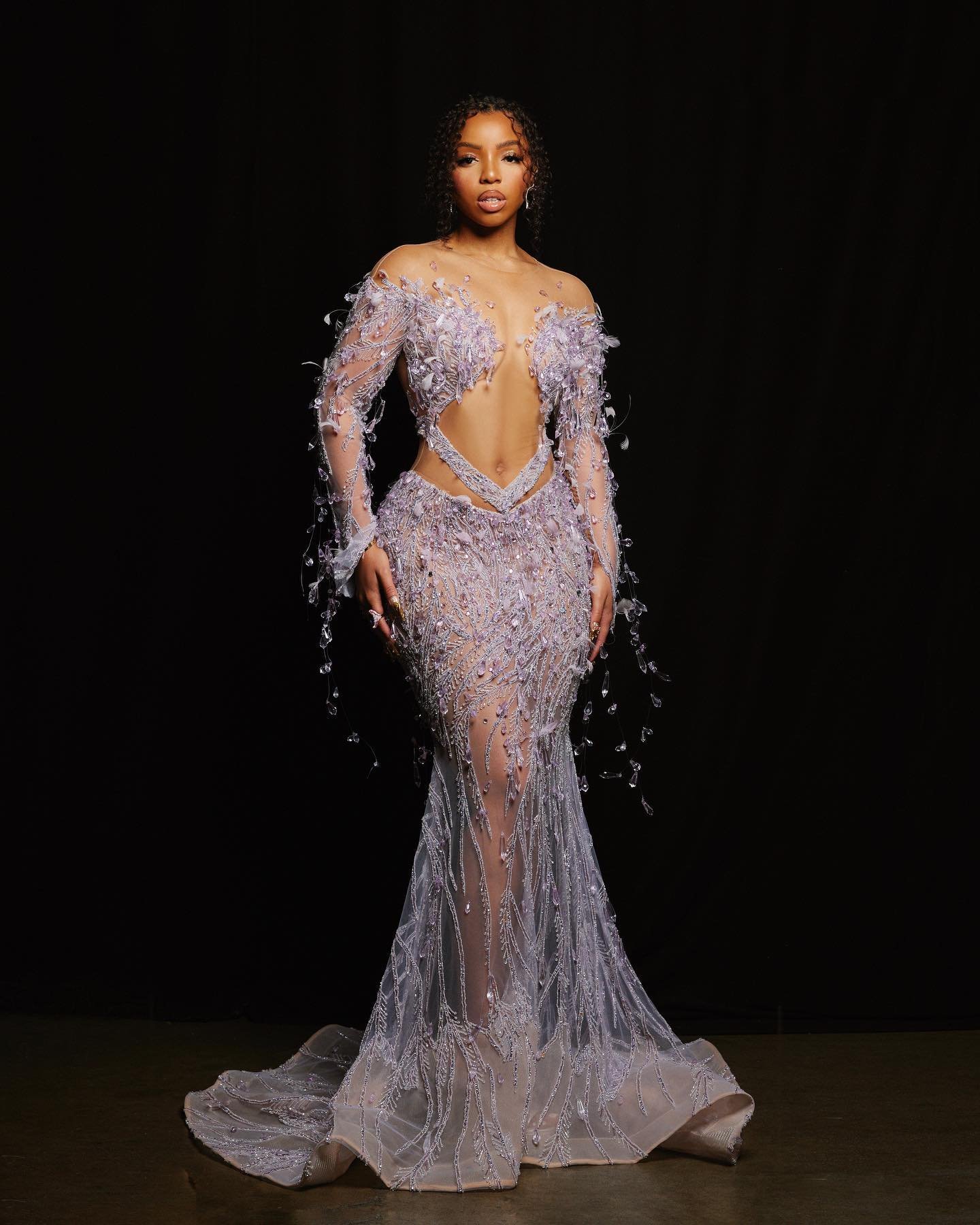 Chloe Bailey in a sparkling, sheer, long-sleeved gown with a cutout, posing against a dark backdrop for a glamorous celebrity photoshoot.