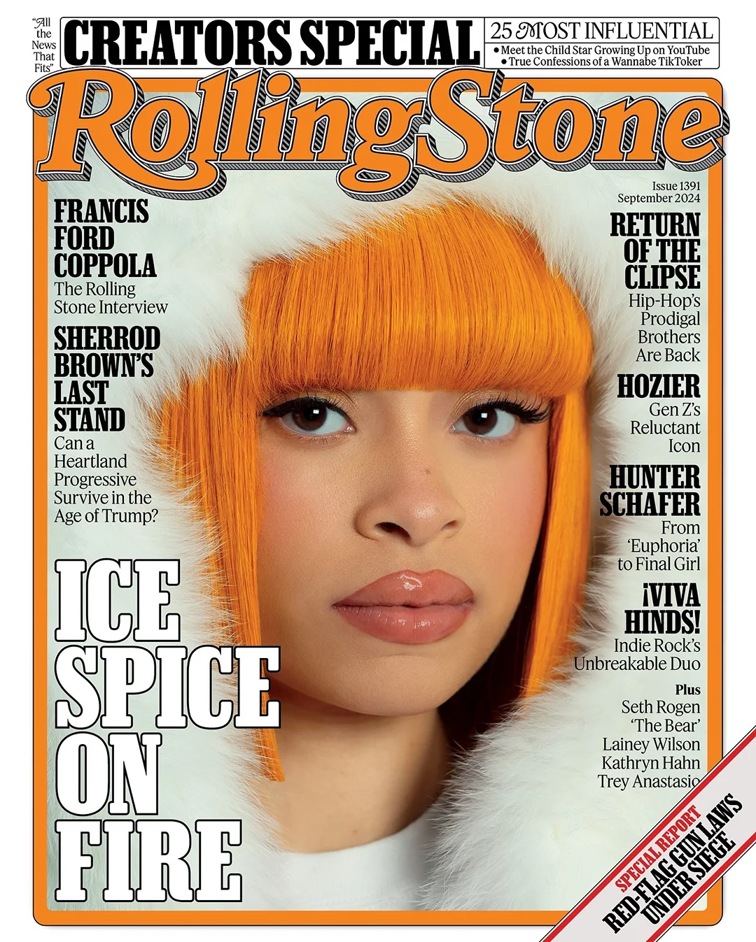 Rolling Stone magazine cover featuring Ice Spice with orange hair wearing a white furry hat. Text includes 'Creators Special', 'Rolling Stone'.