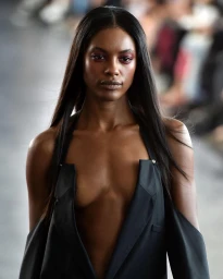 Model with long dark hair and striking eye makeup wearing a black halter top walking on a runway