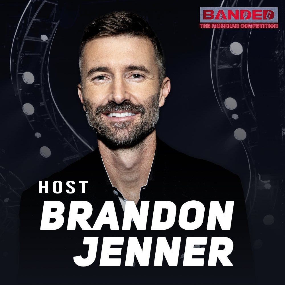 Portrait of Brandon Jenner, host of Banded: The Musician Competition, in a medium shot against a dark background with abstract shapes.