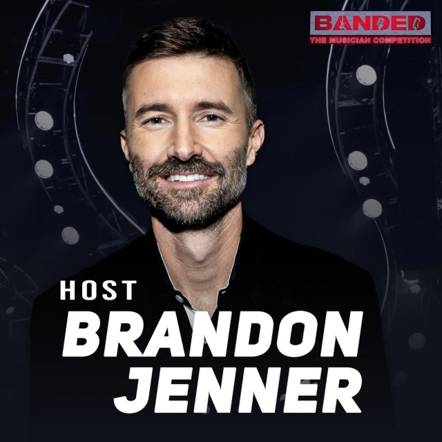Portrait of Brandon Jenner, host of Banded: The Musician Competition, in a medium shot against a dark background with abstract shapes.