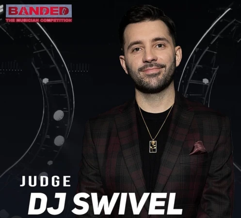 Headshot of DJ Swivel, a musician competition judge, wearing a black shirt, gold necklace, and plaid jacket against a dark backdrop.