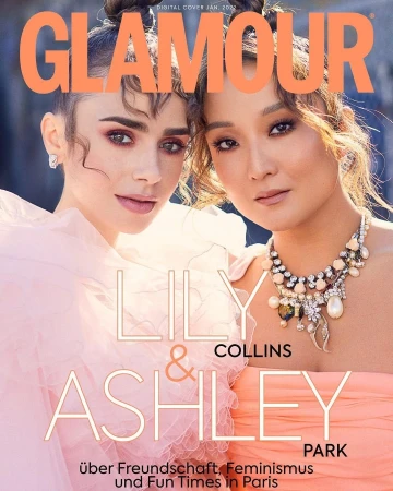 Glamour cover featuring Lily Collins and Ashley Park. Headshot of the actresses wearing pink dresses and elegant jewelry. Magazine cover.