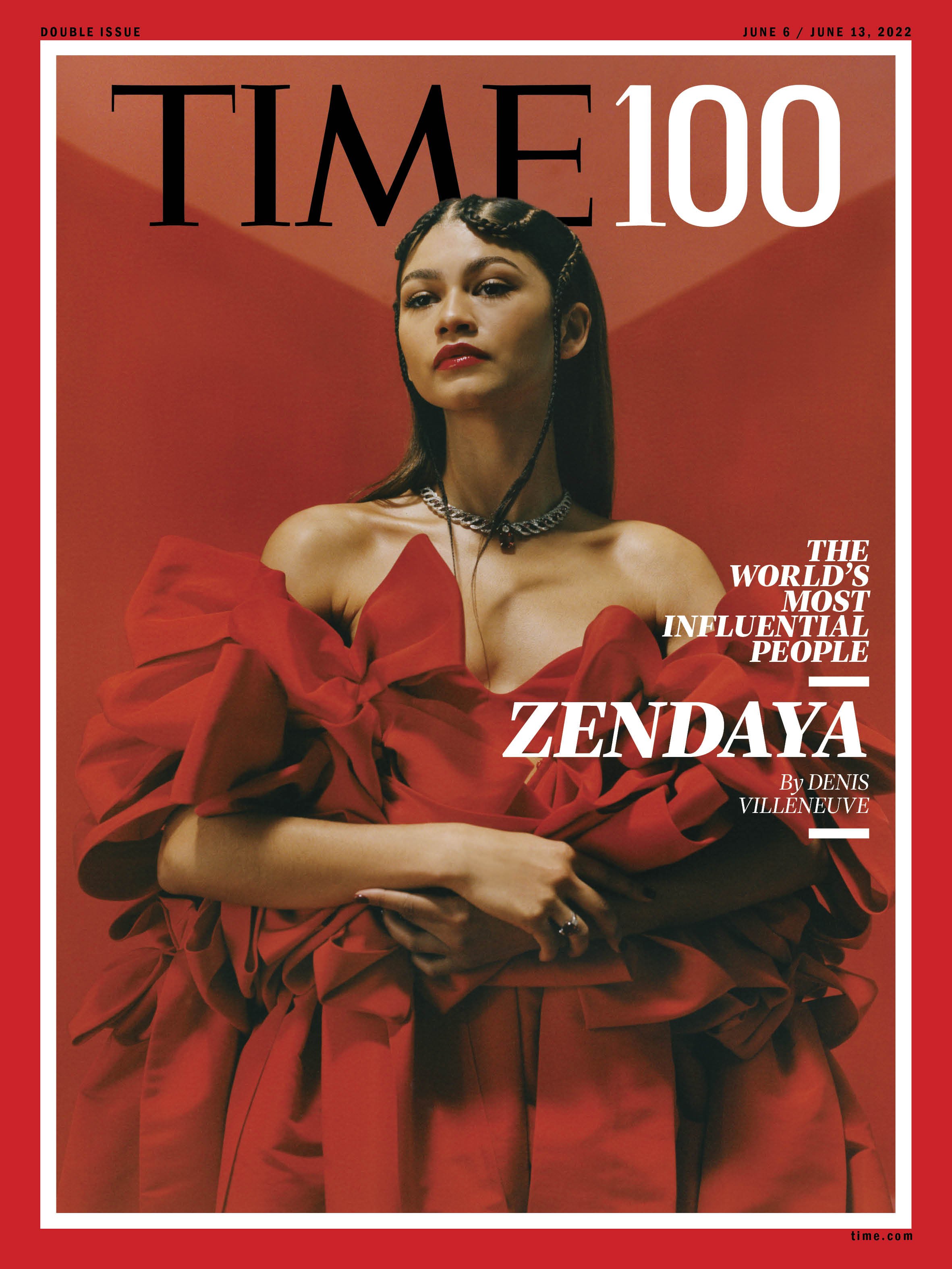 Zendaya is on the cover of TIME 100. She is wearing a red dress and silver jewelry with a matching red background and border.