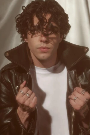 Close-up portrait of a man with dark curly hair wearing a leather jacket and white t-shirt, styled by Tyler Minor.