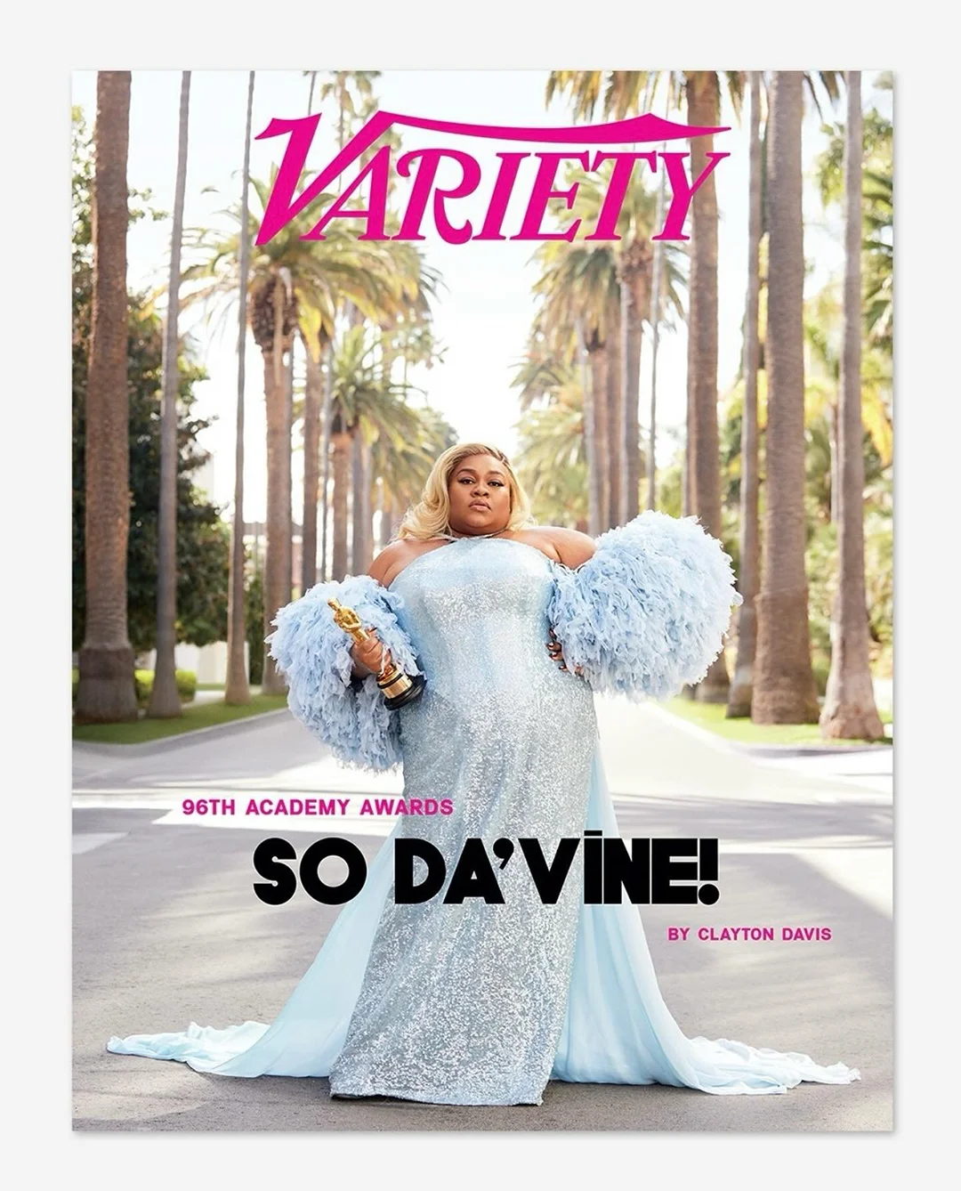 Variety magazine cover featuring a plus-size African-American woman in a sparkly blue gown, holding an Oscar award, outdoor on street.