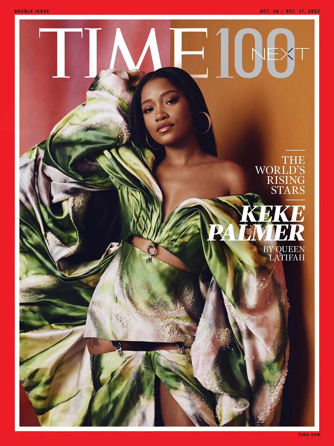 Magazine cover featuring Keke Palmer in green and white gown, portrait shot with bold TIME logo, vibrant color palette, and celebrity fashion.