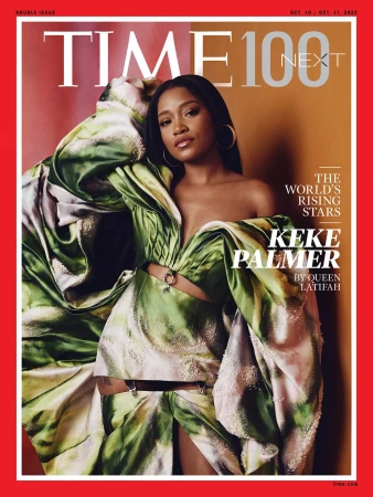 Magazine cover featuring Keke Palmer in green and white gown, portrait shot with bold TIME logo, vibrant color palette, and celebrity fashion.