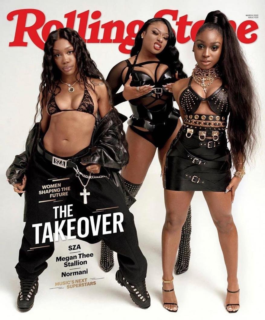 Rolling Stone magazine cover featuring three women: SZA, Megan Thee Stallion, and Normani, posing in black outfits against a light background.