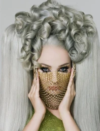 Model with elaborate silver grey hair wearing a gold studded face mask and holding hands to cheeks against a white background
