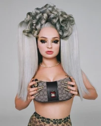 Model with elaborate silver sculpted hair and detailed manicured nails holding a monogram handbag against a neutral studio background