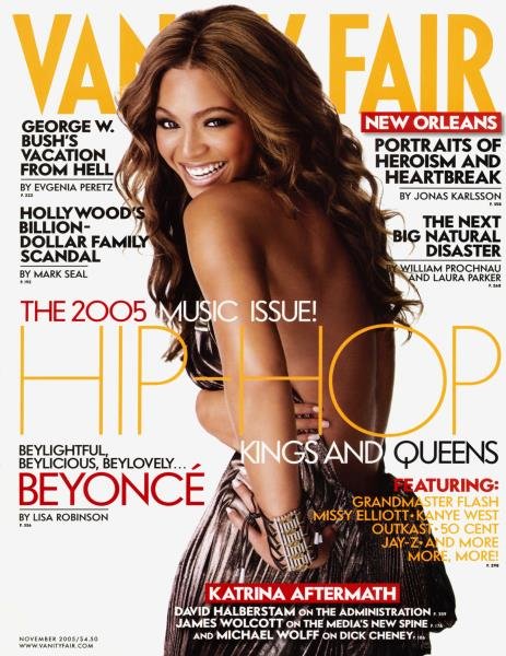Vanity Fair cover featuring Beyoncé: close-up shot with her smiling, long wavy brown hair, wearing a silvery dress, and tan skin.