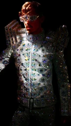 A man wearing an elaborate embellished costume covered in crystals, matching crystal glasses, and structured geometric shoulders against a black background.