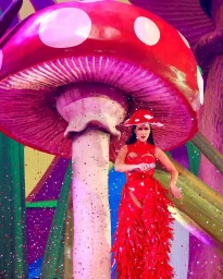 Katy Perry on stage wearing a red mushroom costume with a giant toadstool prop and confetti falling